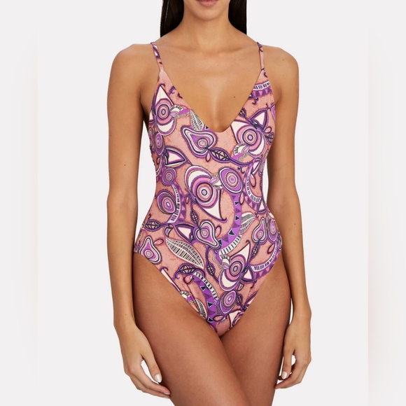 NWT A.L.C. Cleo print one-piece swimsuit Size M Color Beige/Red - Picture 1 of 10